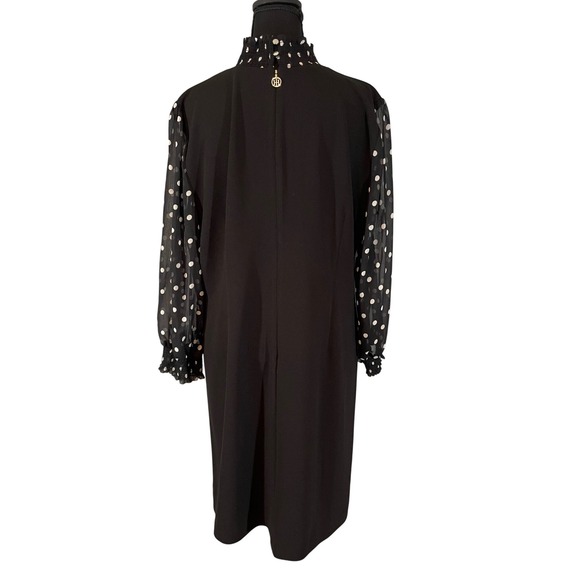 Tommy Hilfiger Black Polka Dot Sheer Sleeve Smocked High Neck Shift Dress Sz 16 - Picture 4 of 7